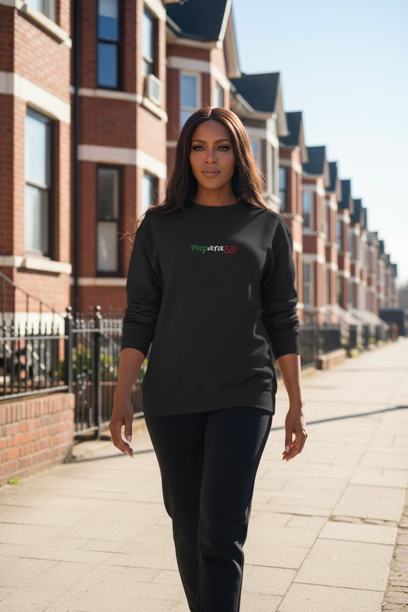 Woman model wearing a Black Multicolor Tricolore Paparazzi Champion Sweatshirt - Paparazzi Original