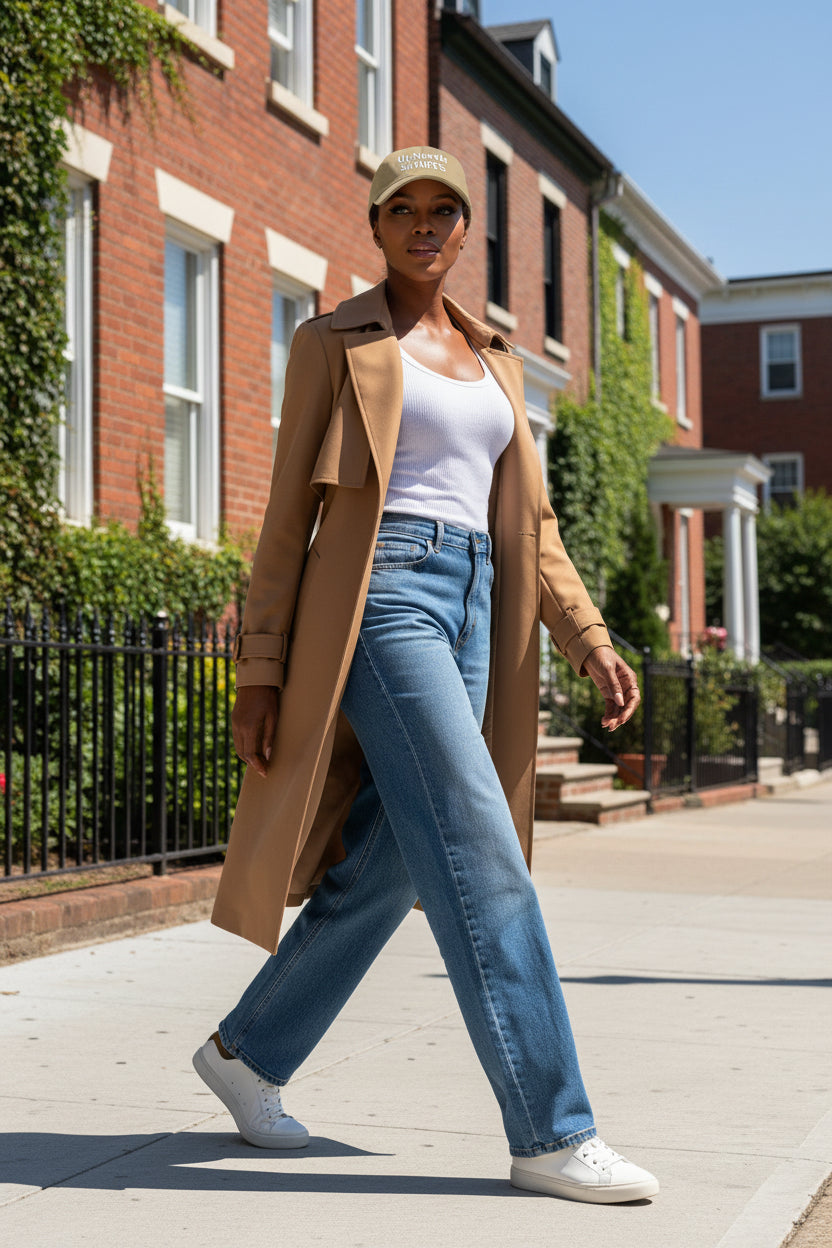 Woman walking wearing a Khaki UpNorth Sports White Baseball Cap - UpNorth SPORTS