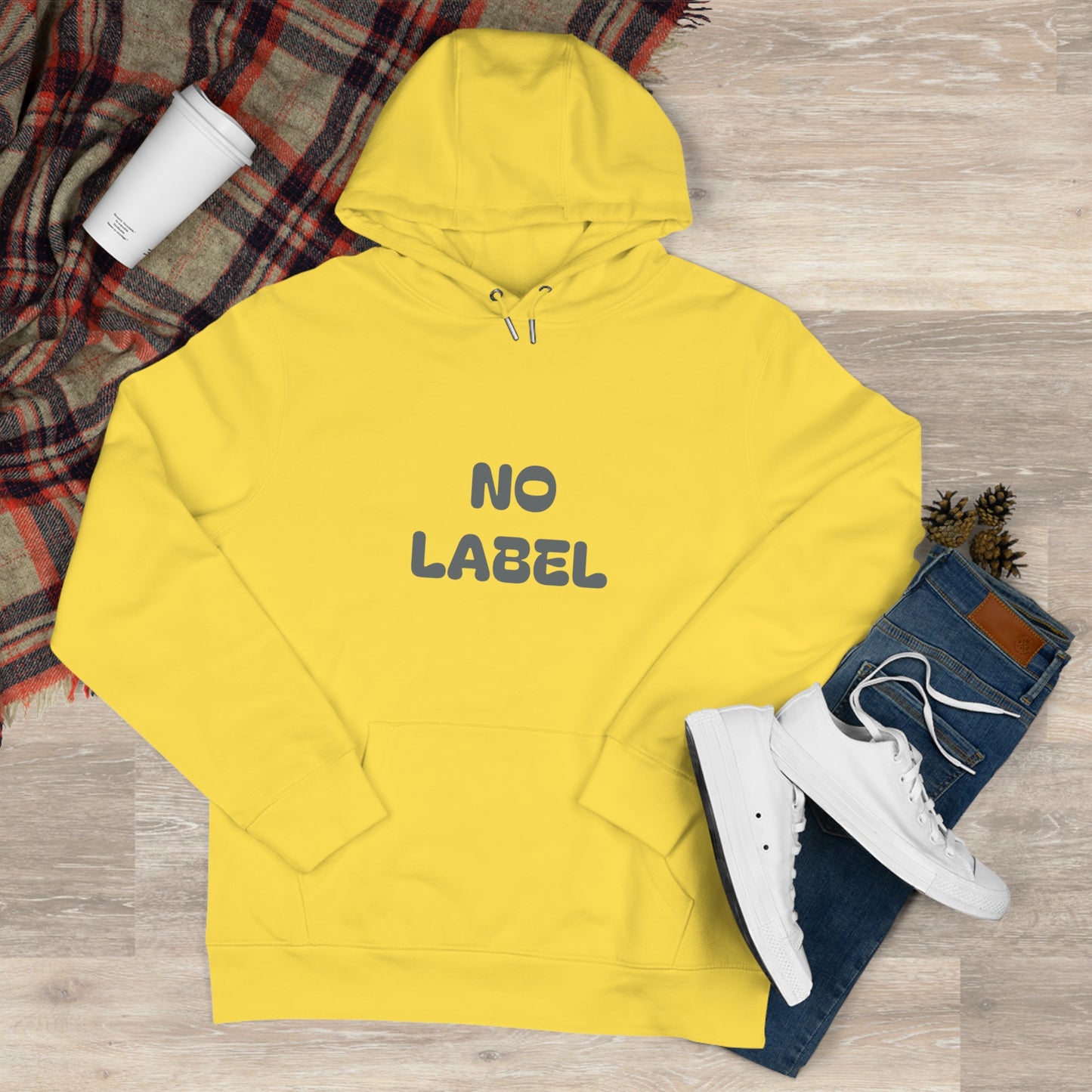 No Label Darkgrey on Yellow Hoodie Printify