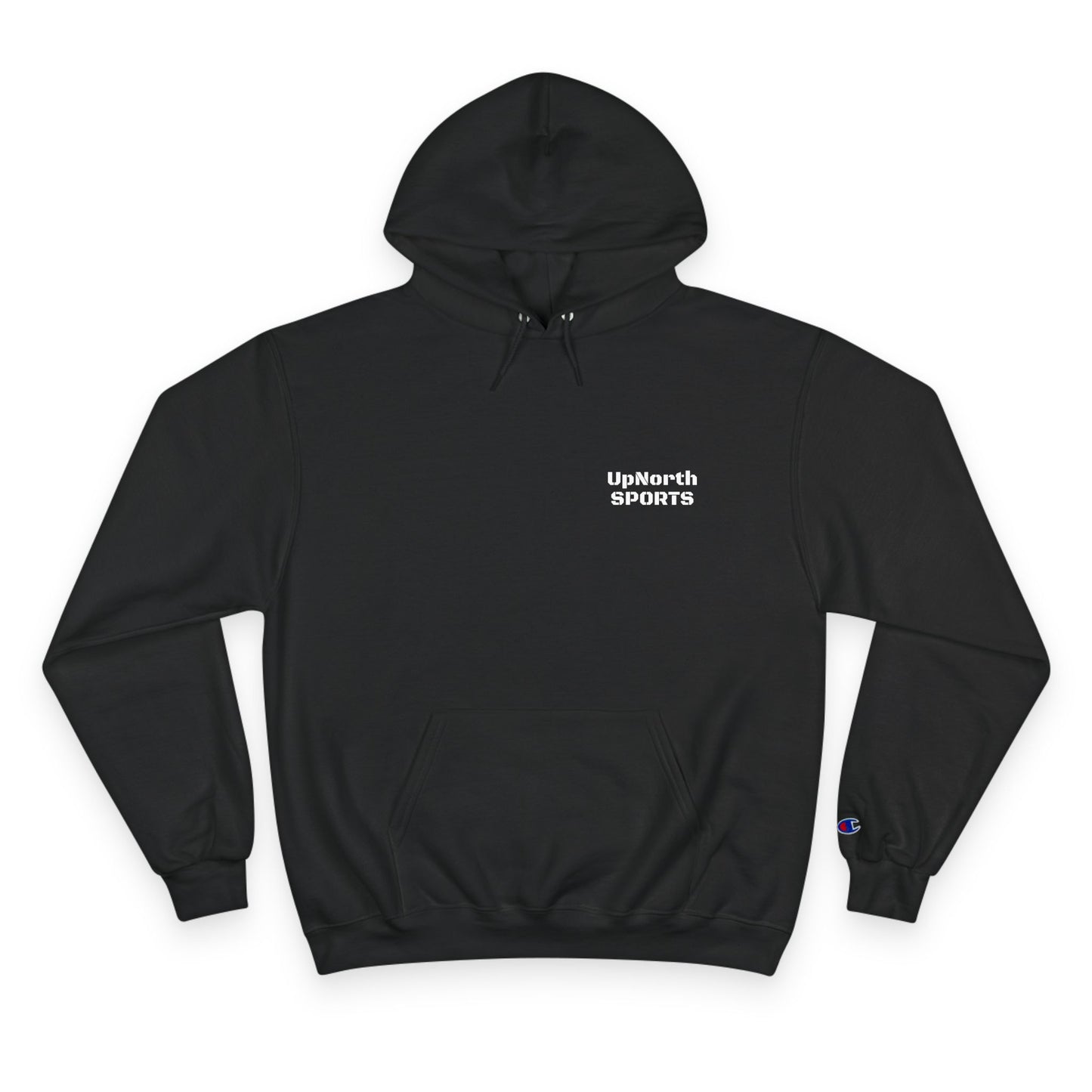 Black UpNorth SPORTS White Logo Champion Hoodie front - UpNorth SPORTS