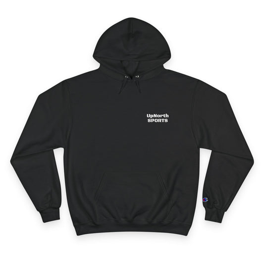 Black UpNorth SPORTS White Logo Champion Hoodie front - UpNorth SPORTS