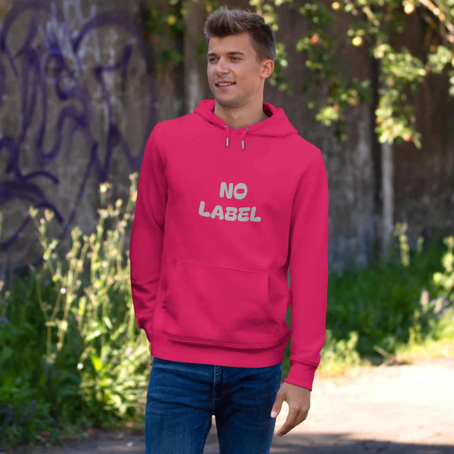 No Label Lightgrey on Magenta Hoodie Printify