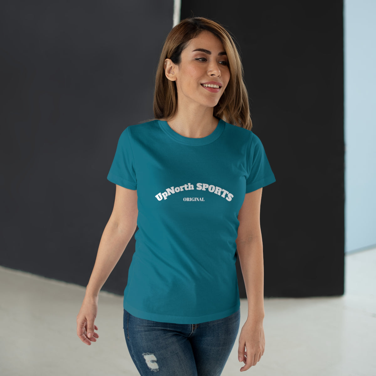 Female model wearing a Diva Blue White Women T-Shirt showing front - UpNorth SPORTS
