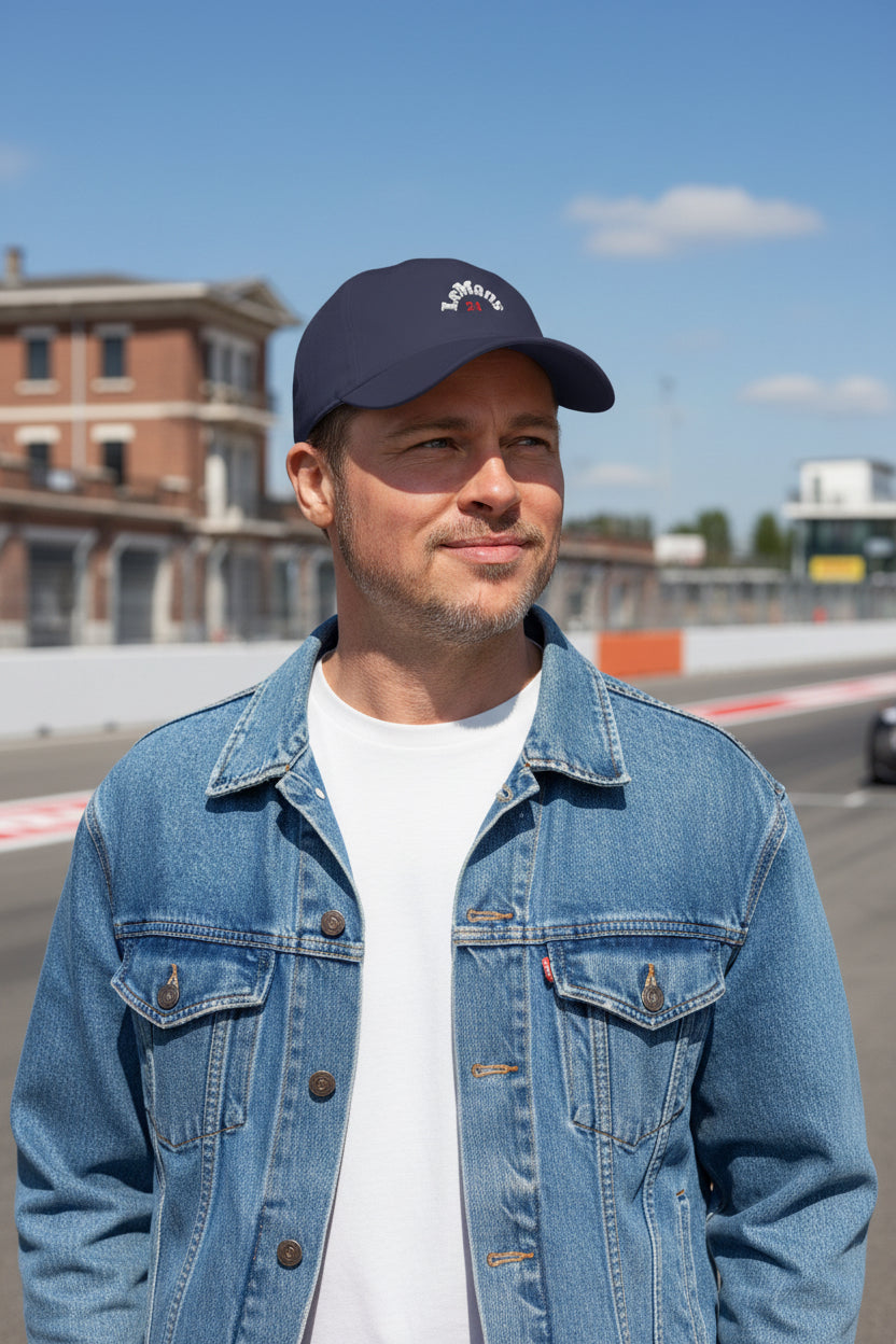 Male model wearing a Dark Navy Le Mans 24 Baseball Cap front - UpNorth SPORTS