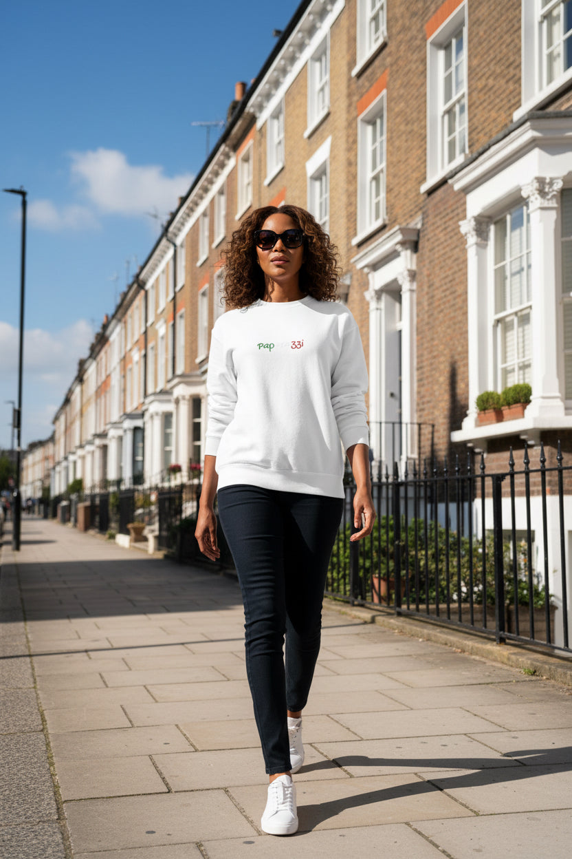 Woman model wearing a White Multicolor Tricolore Paparazzi Champion Sweatshirt - Paparazzi Original