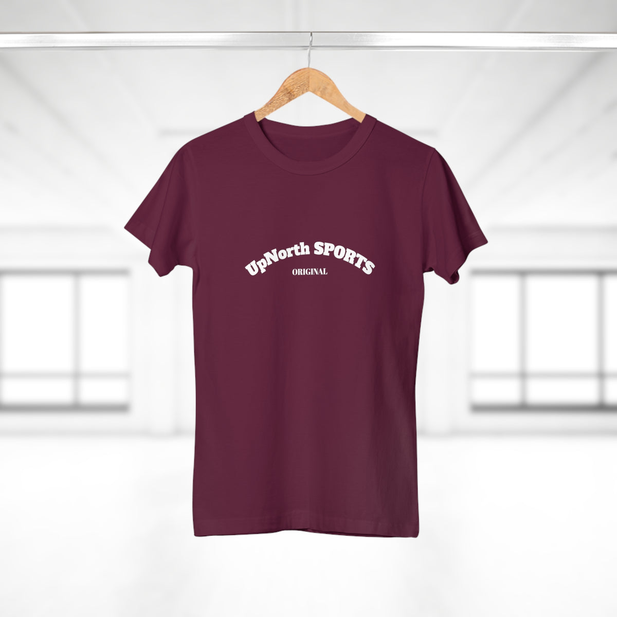 On a hanger the Burgundy White Women T-Shirt front - UpNorth SPORTS