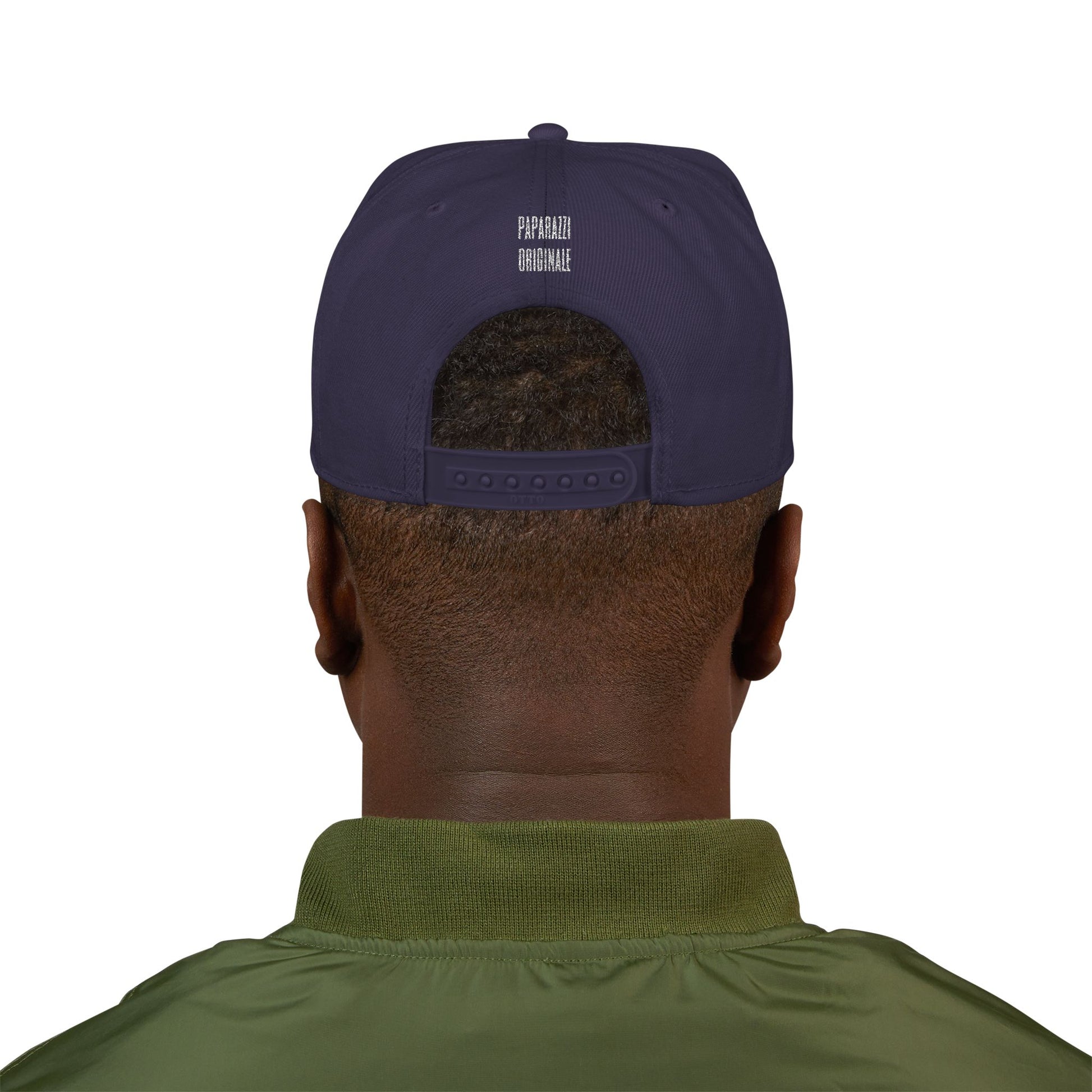 Man model wearing a Dark Navy Paparazzi White Flat Visor Cap backside - Paparazzi Original