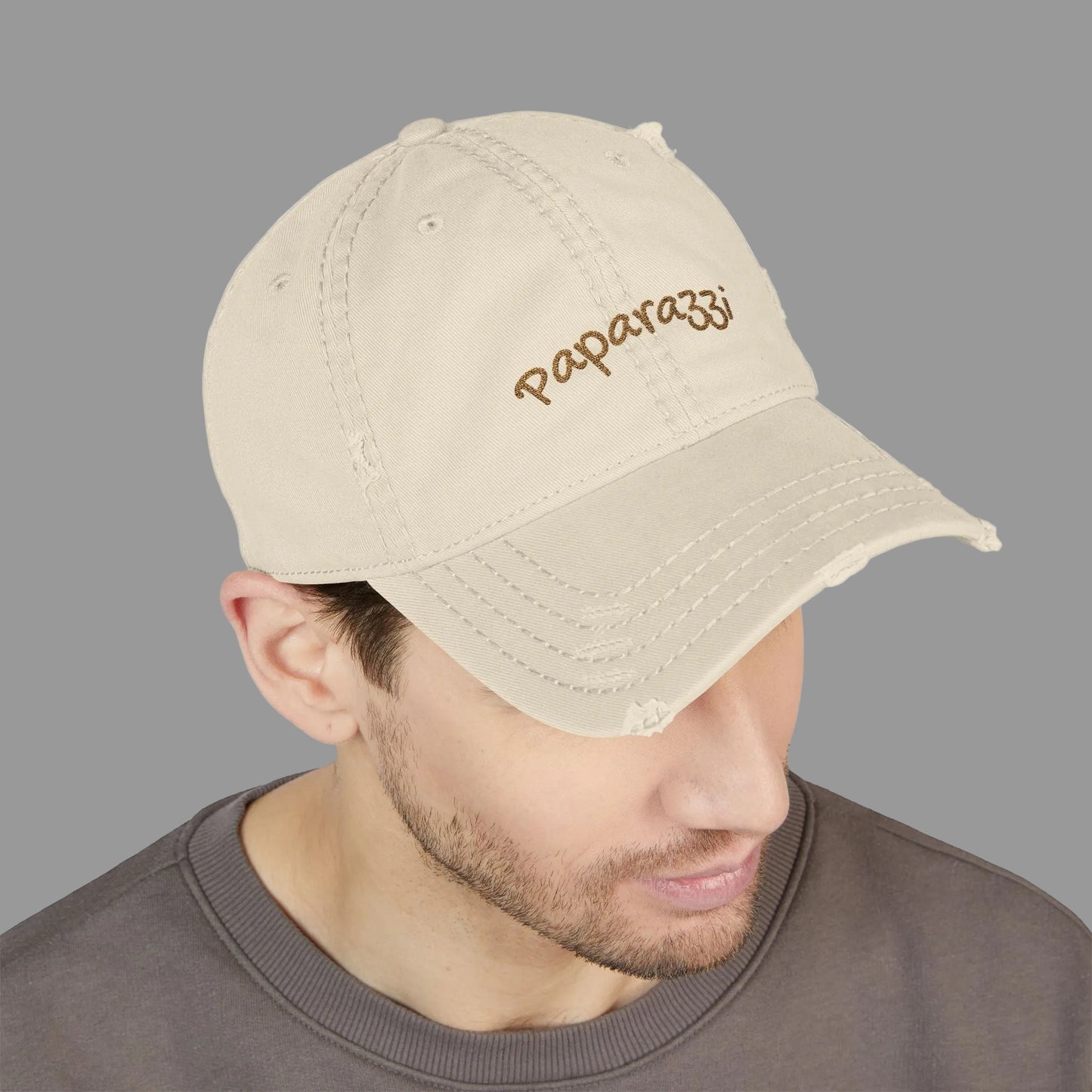 Distressed Baseball Cap Paparazzi Embroidery khaki with brown