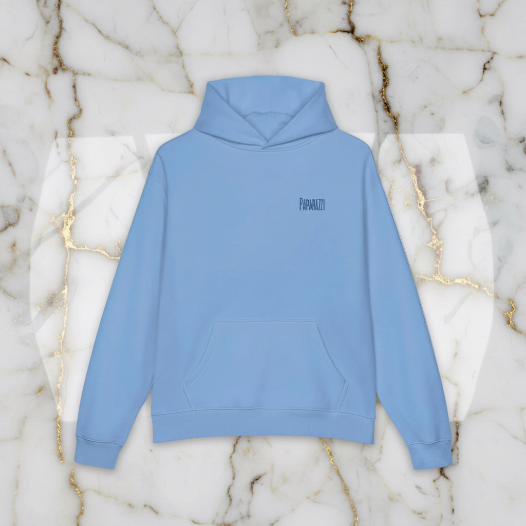 Light blue hoodie with a brand logo on the chest on a white background