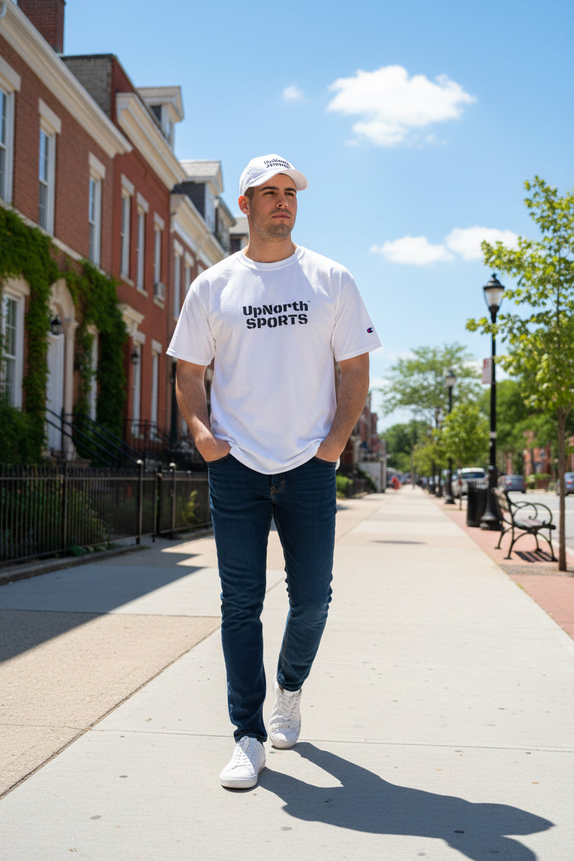 Man model wearing a UpNorthSPORTS White Champion T-Shirt - UpNorth SPORTS