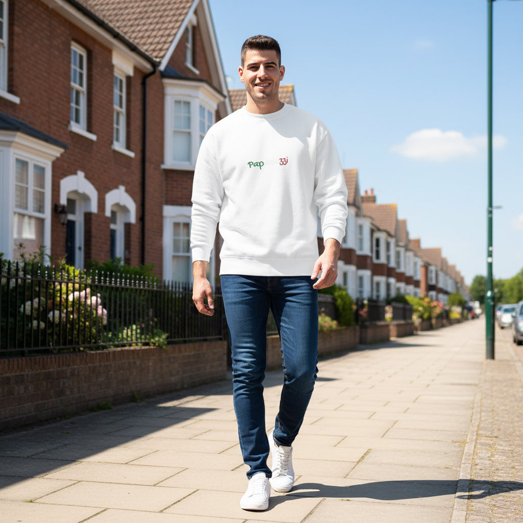 Male model wearing a White Multicolor Tricolore Paparazzi Champion Sweatshirt - Paparazzi Original