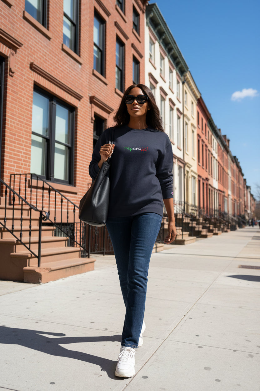 Woman model wearing a Navy Multicolor Tricolore Paparazzi Champion Sweatshirt - Paparazzi Original