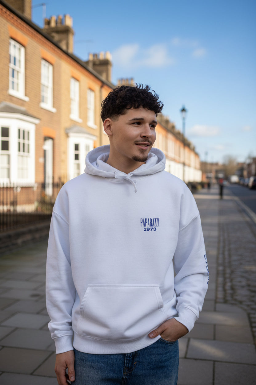 Male model wearing a White Organic Hoodie Paparazzi Silhouette - Paparazzi Original