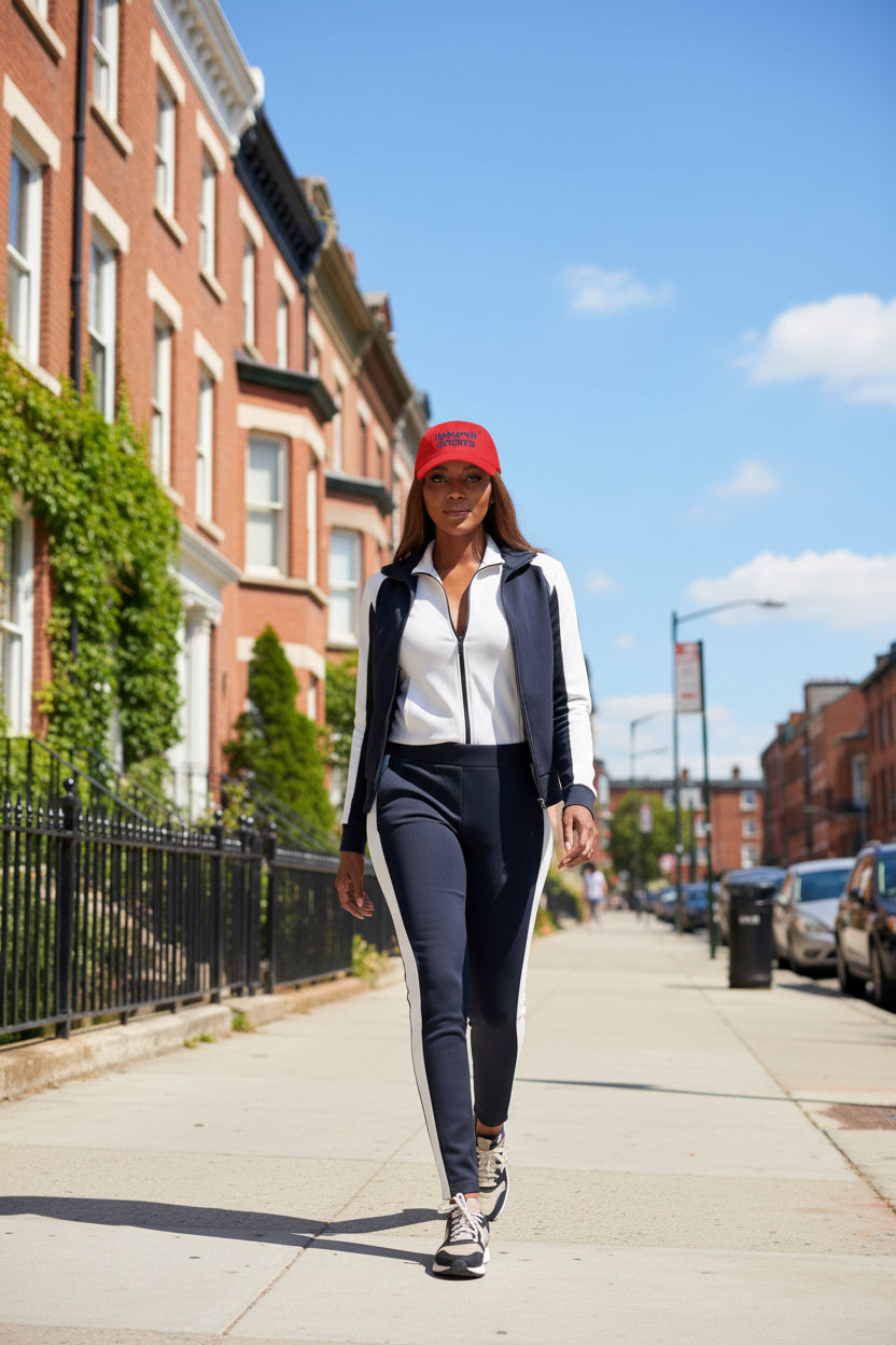 A woman wearing the Red UpNorth Sports Navy Baseball Cap - UpNorth SPORTS