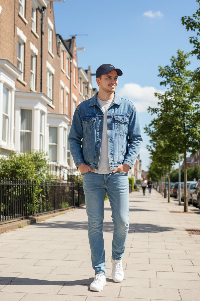 A man wearing the dark navy Paparazzi baseball cap embroidered with Italy Tricolore - Paparazzi Original