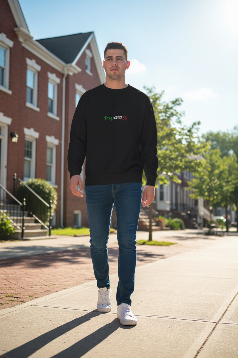Male model wearing a Black Multicolor Tricolore Paparazzi Champion Sweatshirt - Paparazzi Original