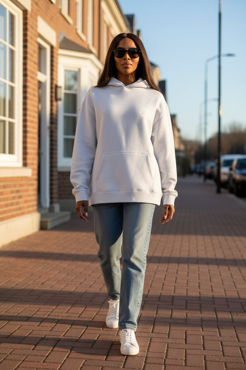 Woman model wearing a Powder White Paparazzi Luxury Hoodie - Paparazzi Original