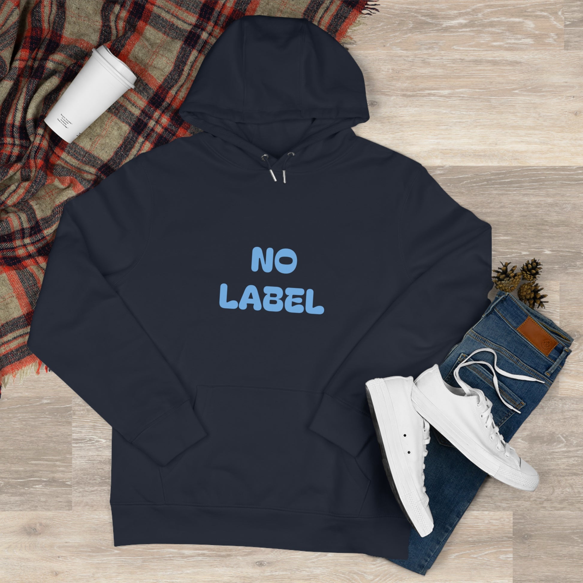 No Label Light Blue on Navy Hoodie Printify