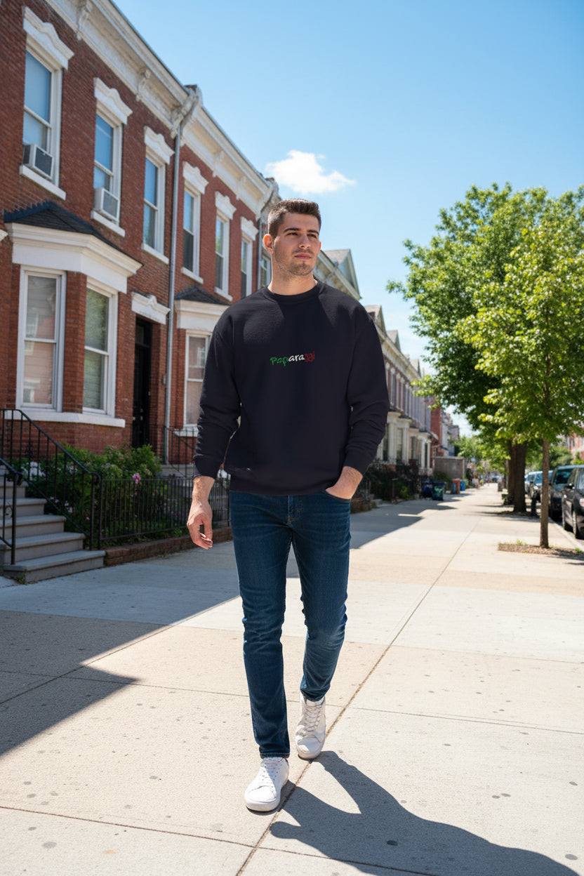 Male model wearing a Navy Multicolor Tricolore Paparazzi Champion Sweatshirt - Paparazzi Original