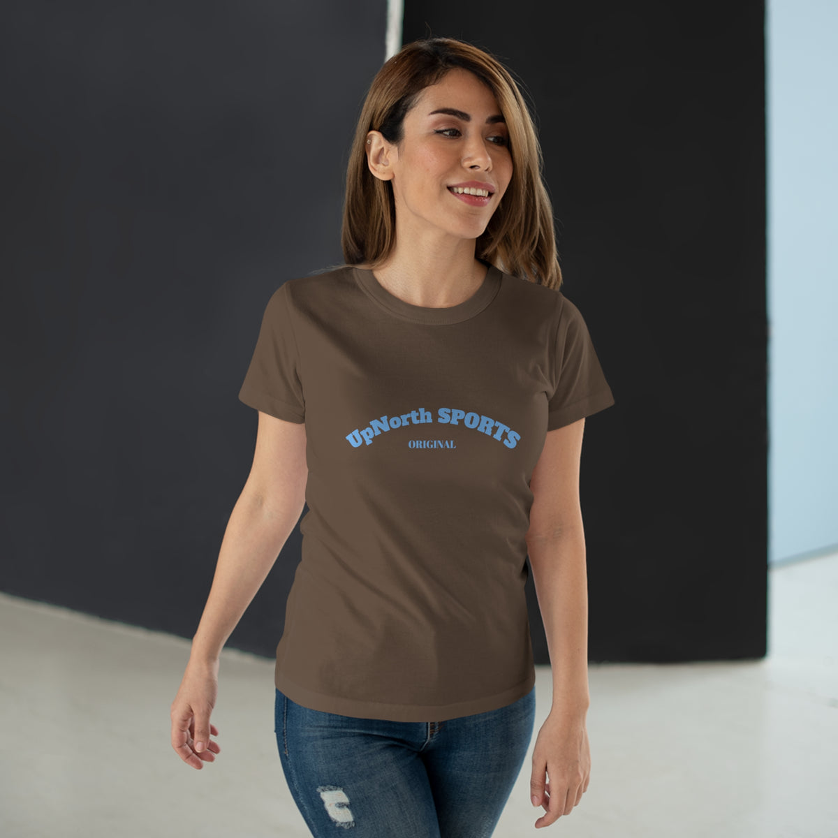 Woman model wearing a Women T-Shirt chocolate with light blue showing front - UpNorth SPORTS