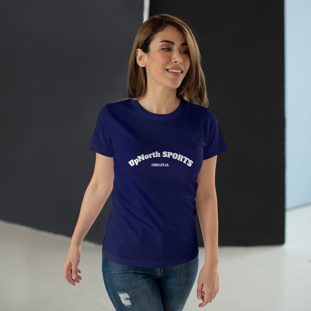 Woman model wearing a Navy White Women T-Shirt showing front - UpNorth SPORTS