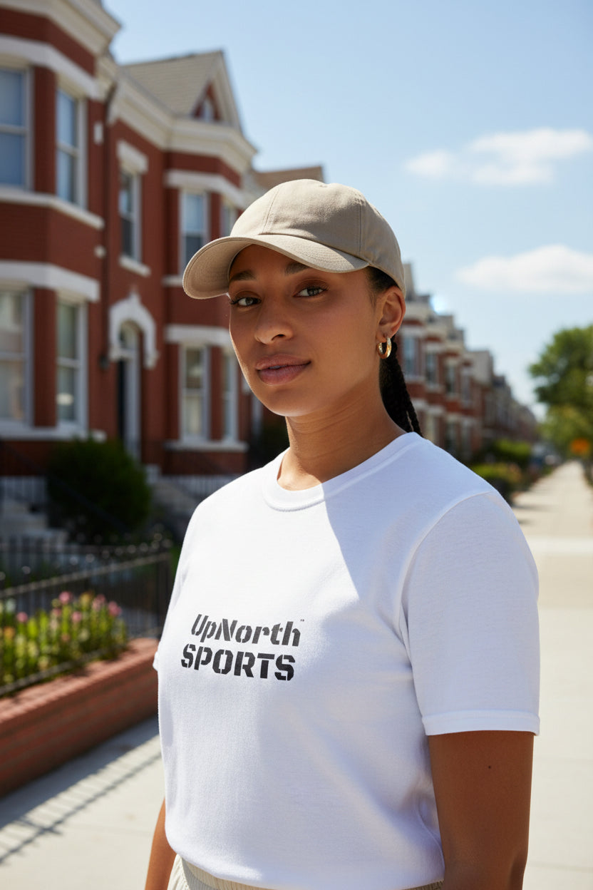 Woman model wearing a Unisex T-Shirt black on white  - UpNorth SPORTS