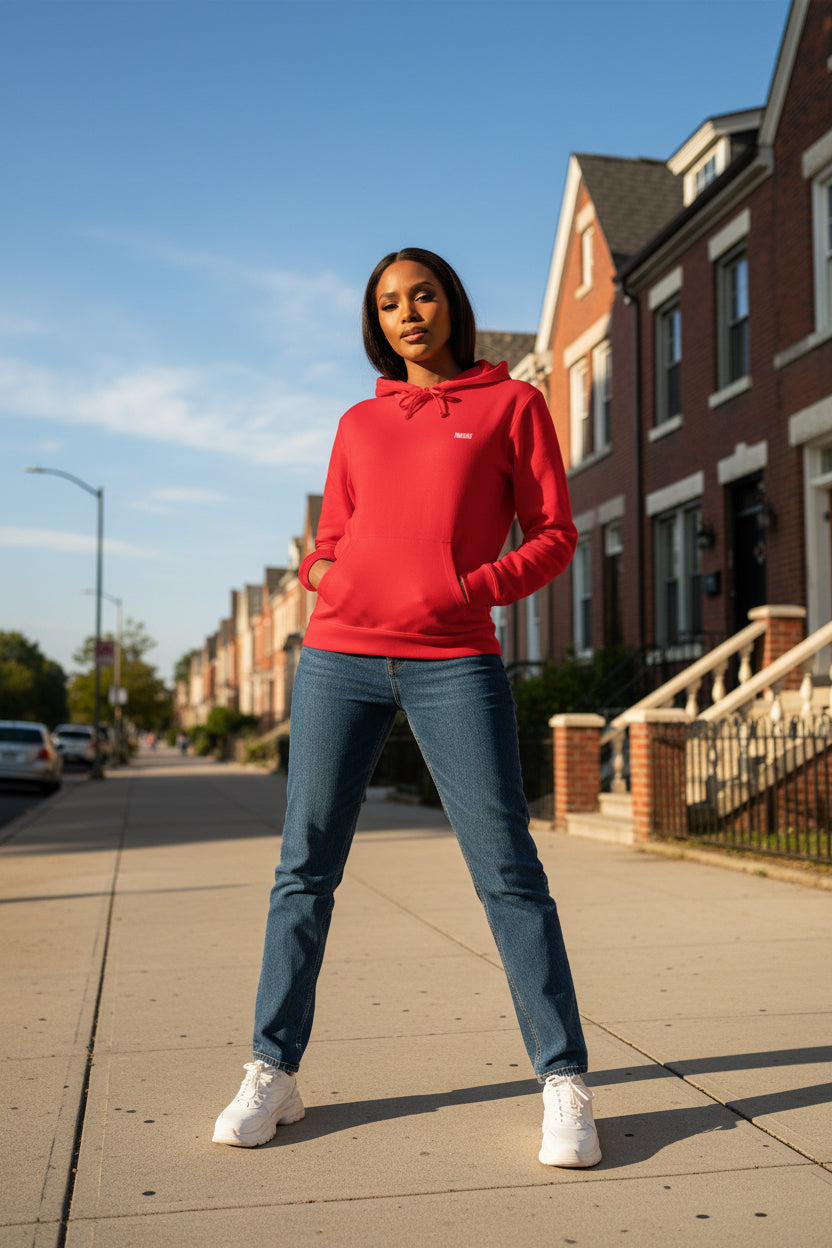 Woman model wearing a Red Premium Paparazzi Silhouette Adidas Hoodie - Paparazzi Original
