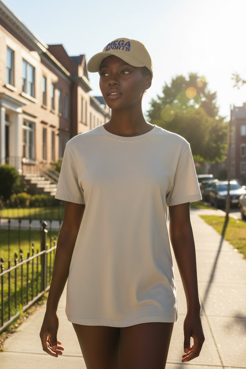 Woman walking wearing Khaki MEGA Sports Navy Baseball Cap - UpNorth SPORTS