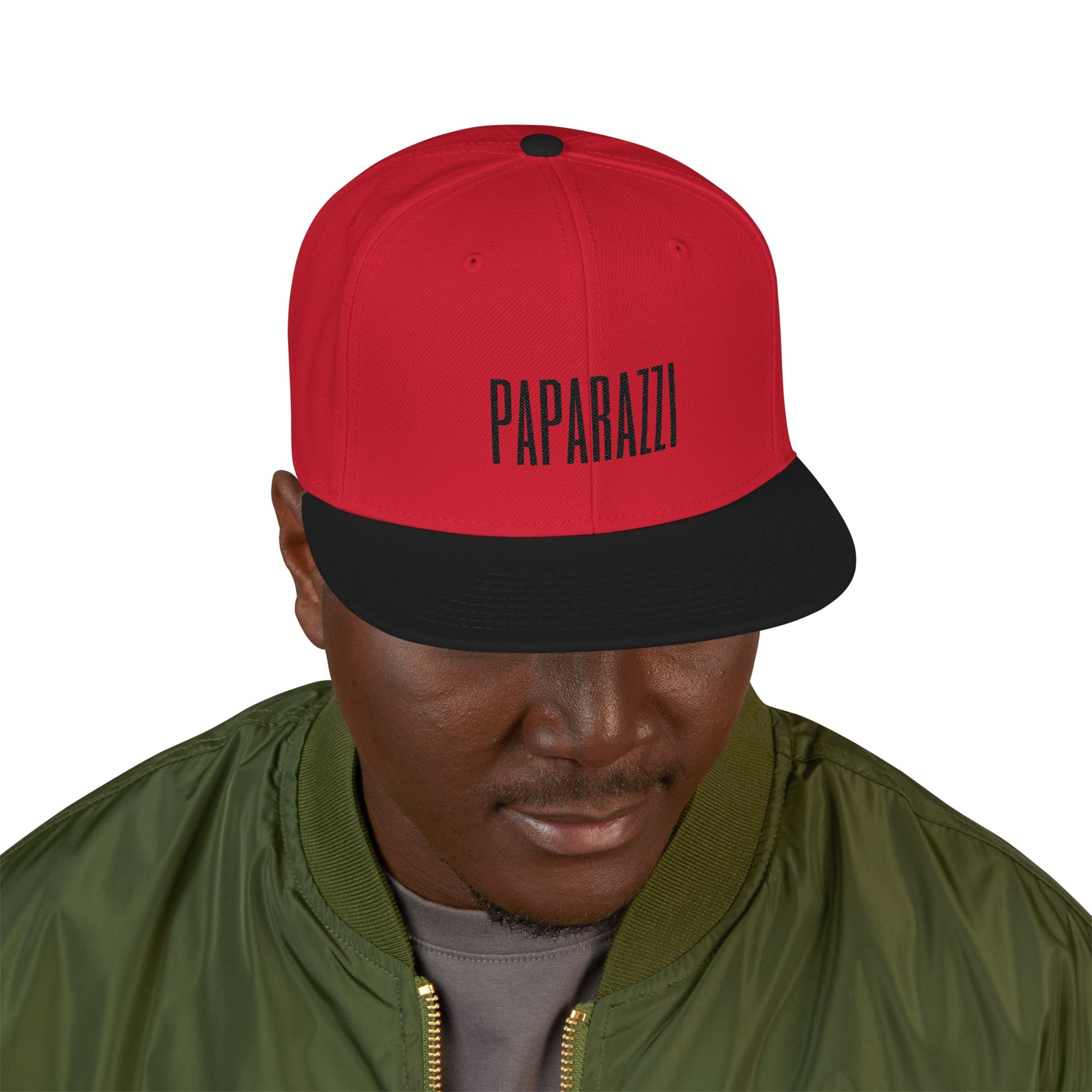 Man model wearing a Red Paparazzi Black Flat Visor Cap front - Paparazzi Original