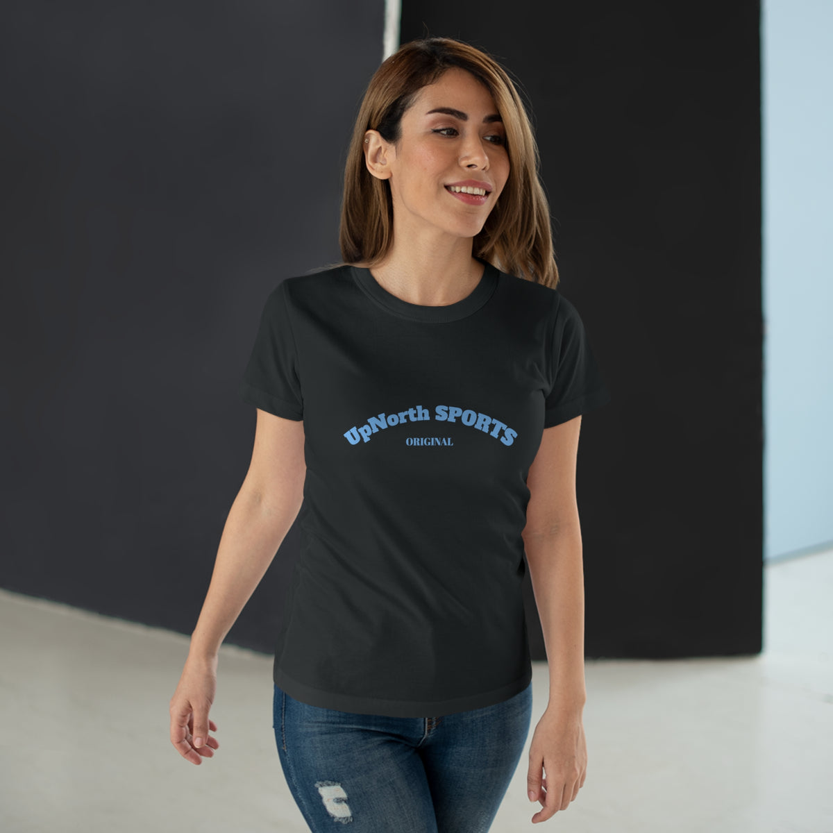 Woman model wearing a Women Black T-Shirt Light Blue showing front - UpNorth SPORTS