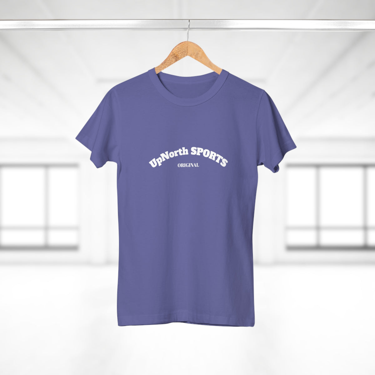 On a hanger the Millennial Lilac White Women T-Shirt front - UpNorth SPORTS