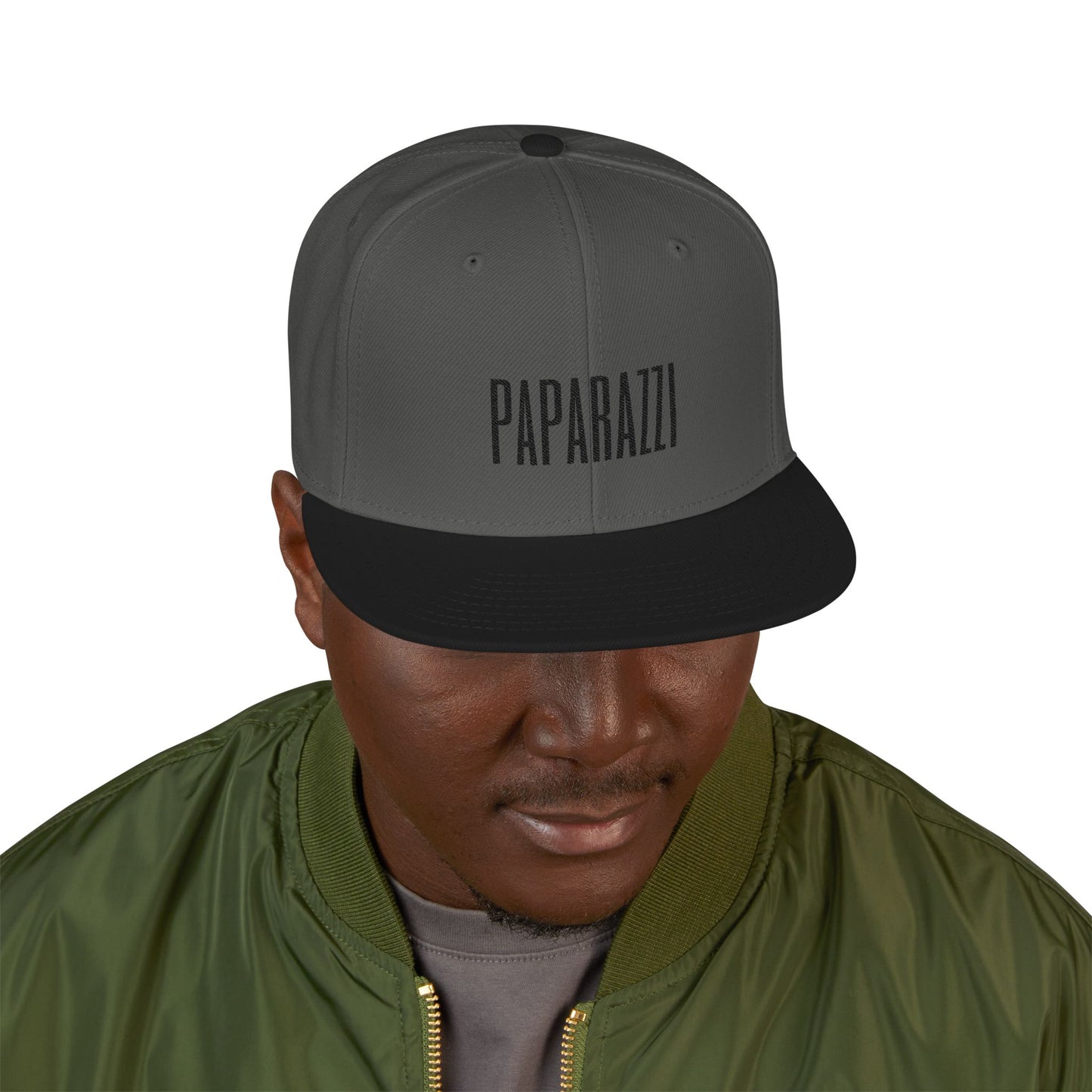 Man model wearing a Charcoal Paparazzi Black Flat Visor Cap front - Paparazzi Original