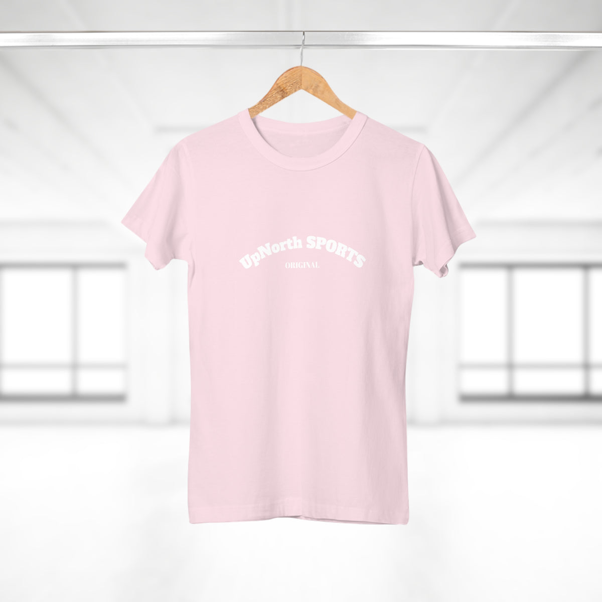 On a hanger the Orchid Pink White Women T-Shirt front - UpNorth SPORTS